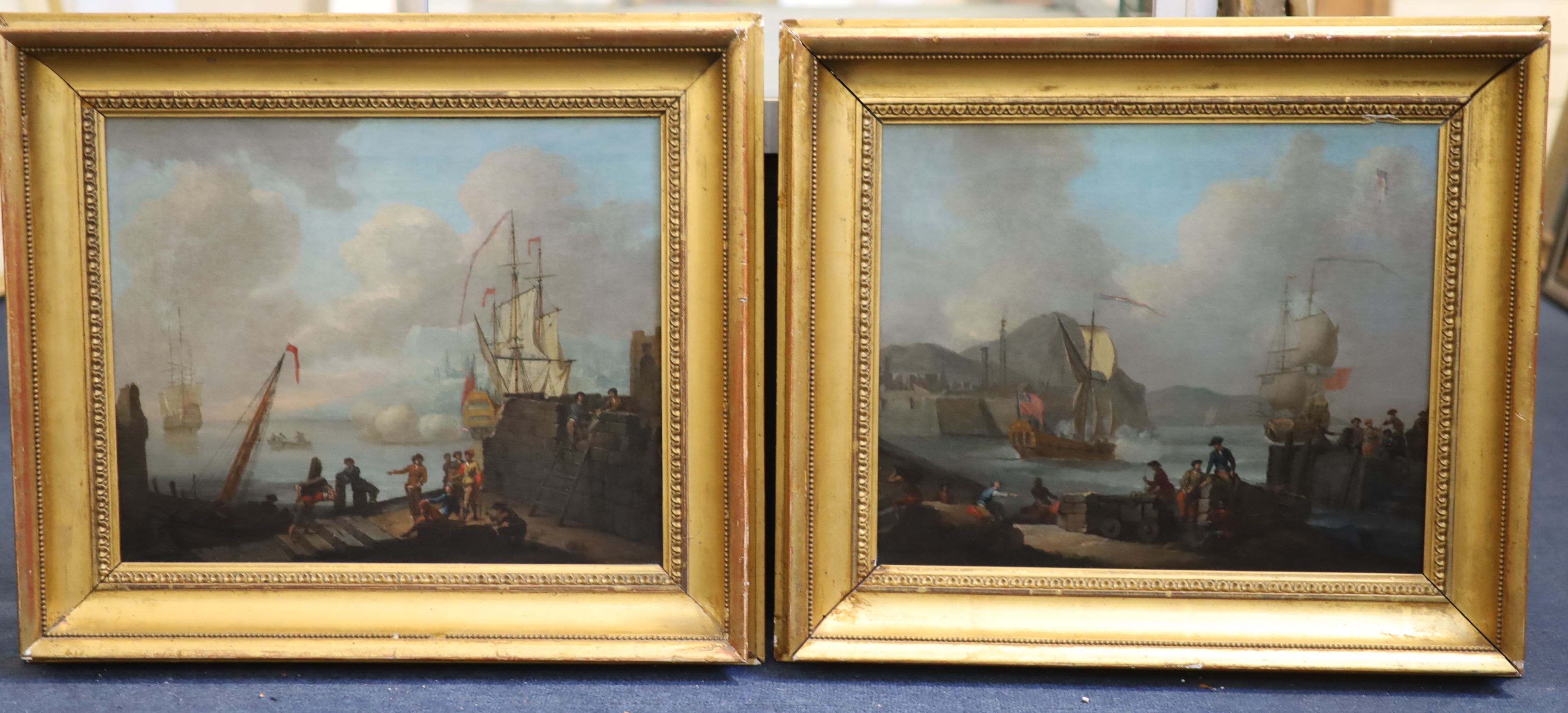 Follower of Joseph Vernet (1714-1789) Harbour scenes with warships firing salutes 13 x 15.75in.